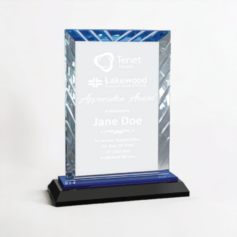 Blue Glass Trophy, Custom Engraved Accent Rectangle Glass Plaque