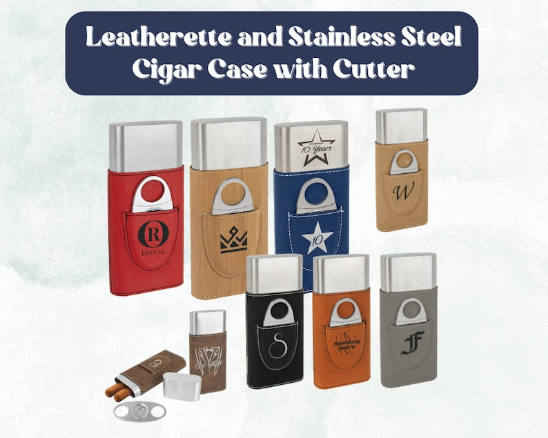 Cigar Leather Cases, Leather & Stainless Steel Cigar Case with Cutter