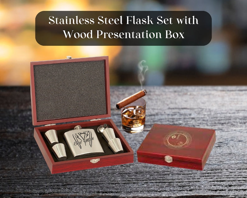 Stainless Steel Flask Gift Set, Flask with 4 Shot Glasses and Funnel